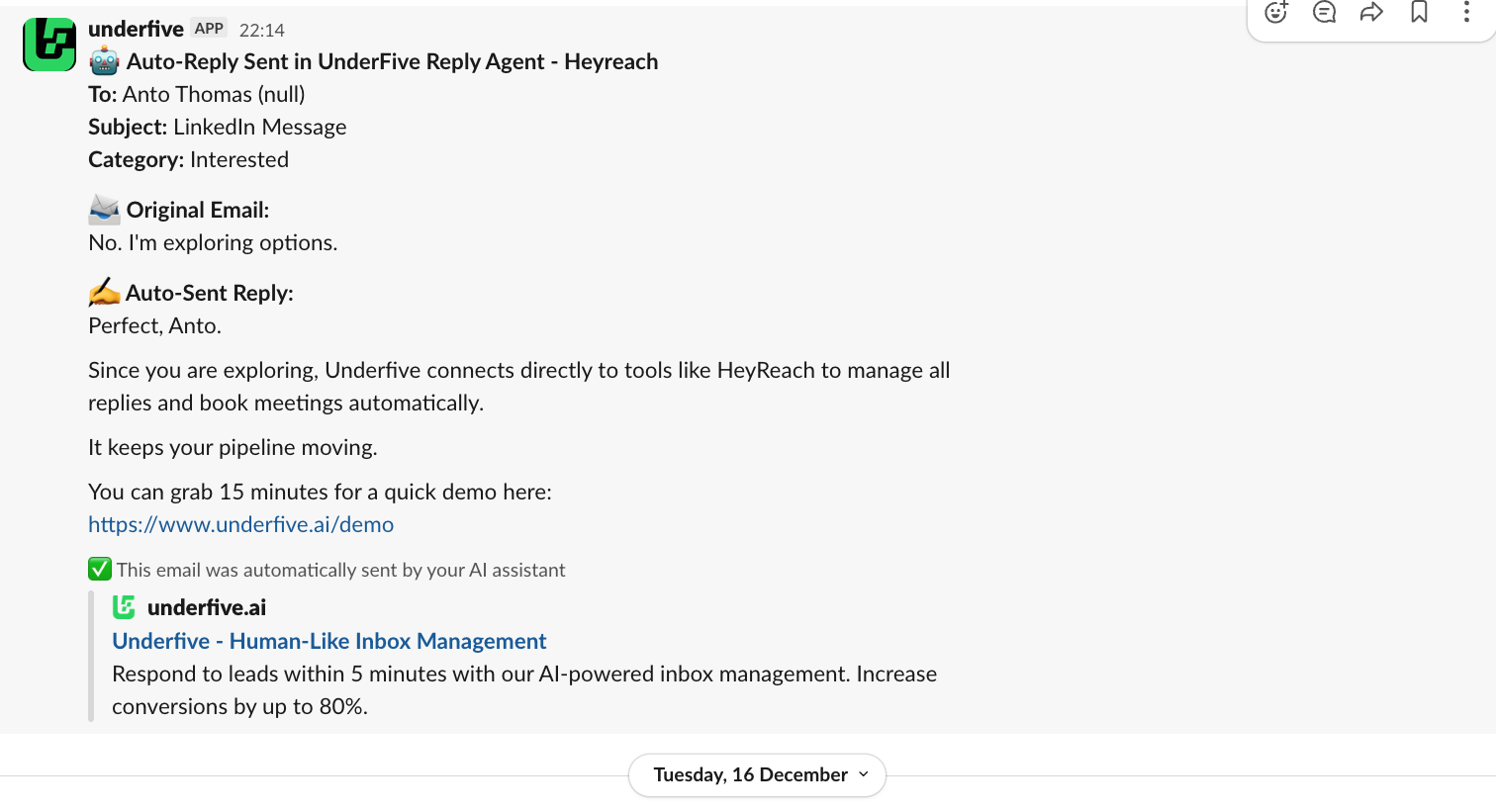 Underfive Slack notification showing draft approval